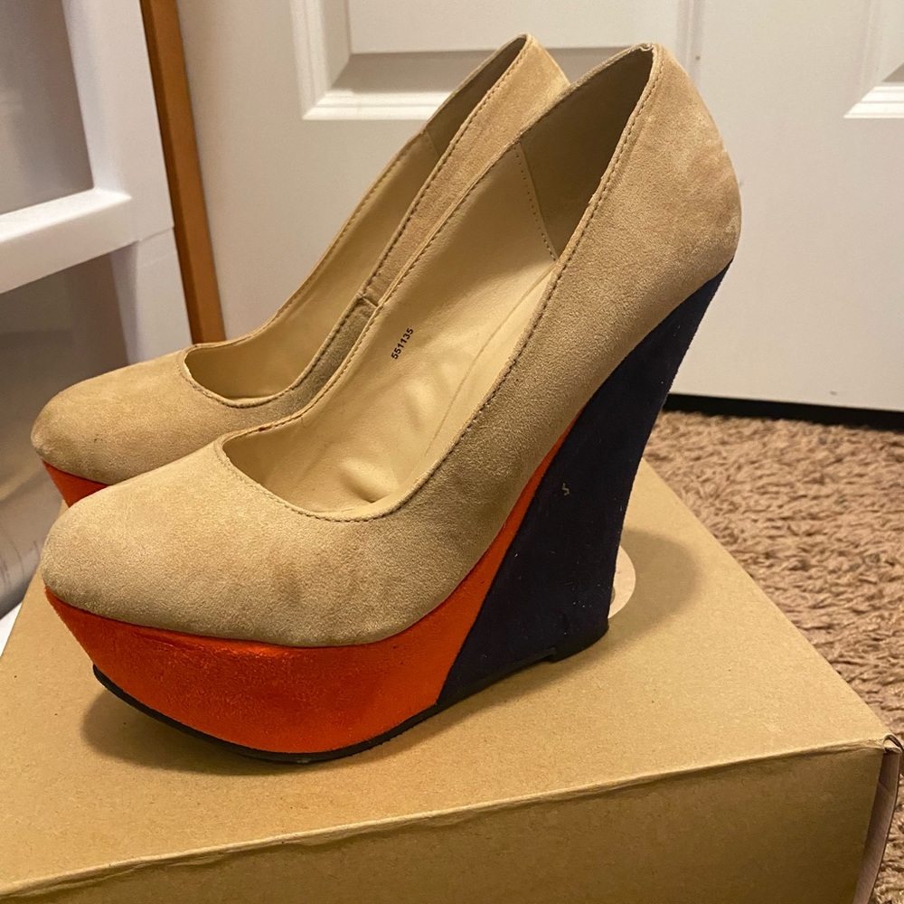 Neutral with color block orange and blue wedge heel.
